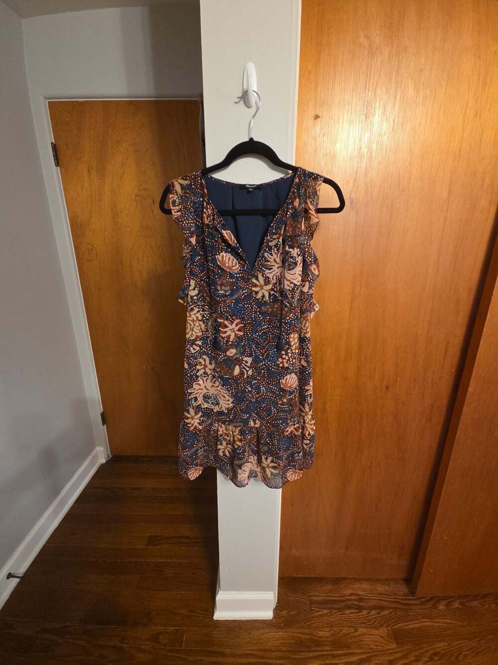 Madewell Navy Floral Ruffle Shift Mini Dress with Tassel Ties